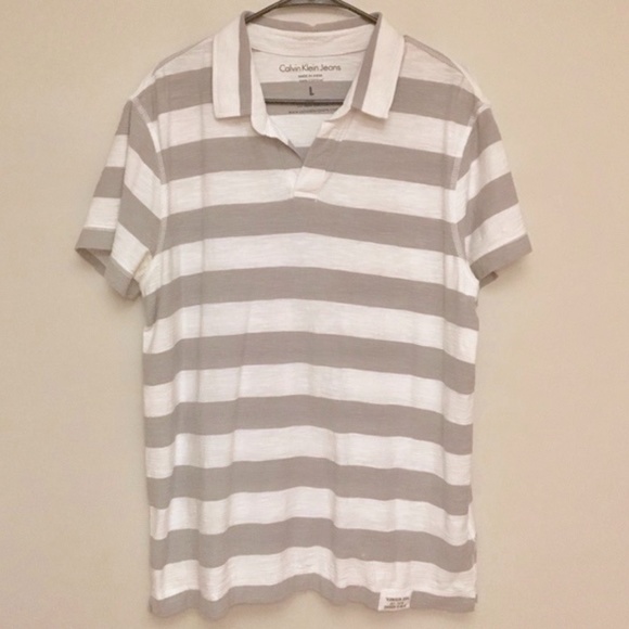 Calvin Klein Gray & White Striped Polo Shirt - Picture 2 of 5